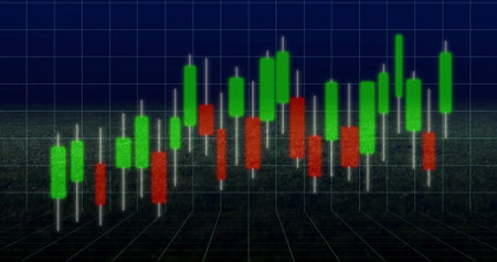 Displaying 3D candlestick chart floating above floor grid in trading app, with green and red bars. Financial analysis, data visualization, trading interface, digital interface, stock market, investment platform, abstract designの写真素材