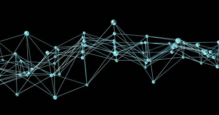 Displaying glowing spheres network forming web-like structure in digital space, with thin lines....