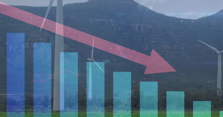 Displaying teal bars and red arrow falling over grassy wind farm, with white turbines and mountains....