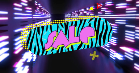 Floating zebra-patterned sale sign hovering in neon tunnel, with neon lights, geometric shapes. Futuristic, cyberpunk, vibrant, geometric, digital, holographic, abstractの写真素材