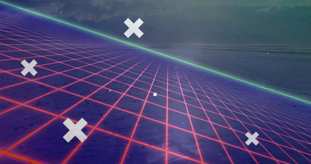 Glowing neon grid extending to green horizon on synthwave shore featuring white X-shaped markers....