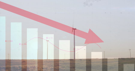 Displaying wind turbine rising on grassland, with bar and line charts and red arrow showing decline....