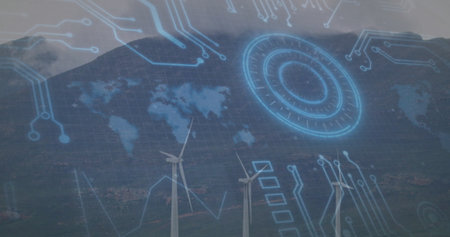 Showing turbines spinning in valley with overlay, world map grid and circular interface element. Renewable, sustainability, digital, innovation, eco-friendly, technology, environmentの写真素材