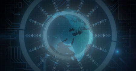 Displaying holographic Earth globe in data dashboard, with rings and arrows on circuit-board lines....