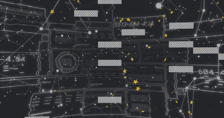 Displaying data network diagram showing nodes, striped code blocks, and star icons in virtual space....