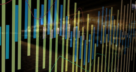 Displaying financial chart featuring bars over blurred city lights, with red and teal trend lines....