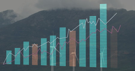 Data overlay displaying turquoise-brown bars and white-magenta lines over turbines at wind farm. Technology, analysis, renewable, sustainable, futuristic, environmental, infographicの写真素材