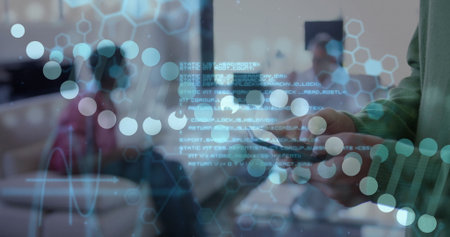 African American man holding phone showing DNA helix code or network overlays in lounge, copy space....