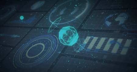 Floating central glowing 3D wireframe sphere in digital interface, with radar graph and bar chart....