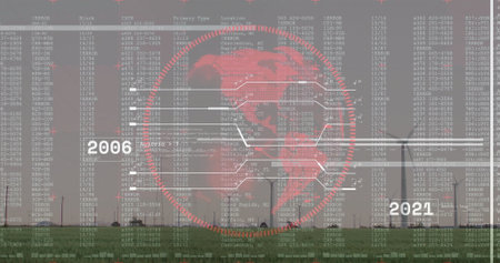Displaying red digital globe floating above wind turbines, connecting error codes and year labels....