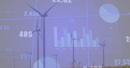 Displaying turbines operating on wind farm, with bar and pie charts, numeric and grid overlays....
