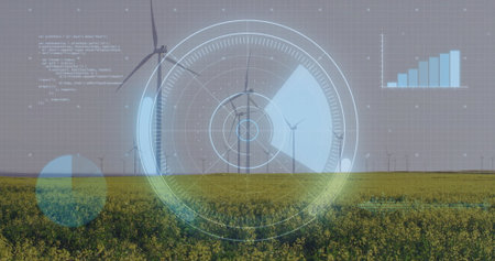 Three-blade turbine rotating in yellow field at wind farm, with HUD, code text and bar charts....