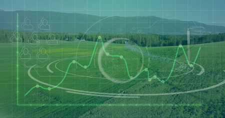 Floating analytics interface over rural farmland, showing line graph, HUD, cube and grid overlay. Agribusiness, data visualization, rural landscape, technology, innovation, dashboard, outdoorの写真素材