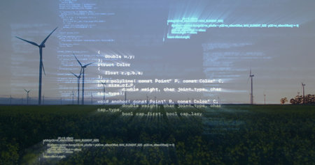 Wind turbines spinning across horizon, featuring glitch streaks over grassy plain in flat design. Renewable energy, sustainable, nature, technology, environmental, futuristic, abstractの写真素材