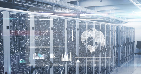 Projecting holographic interface on server racks processing data in data center corridor with LEDs....