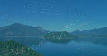 Mountain lake reflecting forest in mountains, with green line graph. Nature, tranquility, wilderness, landscape, illustrationの写真素材