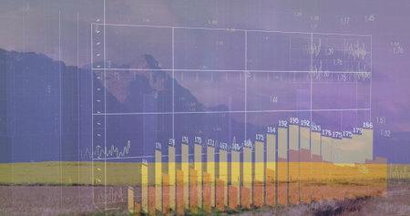 Displaying translucent 3D bar chart and line graph overlay in rural field at dusk, with labels. Analytics, visualization, data, innovation, modern, outdoors, landscapeの写真素材