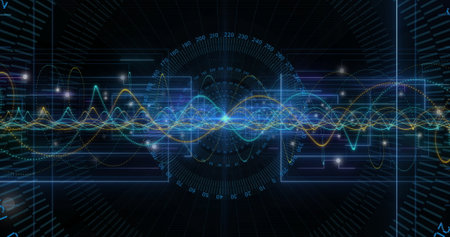 Displaying multicolor waveform streaming in control panel with numeric scales, translucent overlays. Technology, spectroscopy, innovation, ui, analytics, cyber, digital artの写真素材