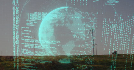 Floating holographic globe projecting grid overlays and code streams over grassy plain and hills. Futuristic, technology, cyber, visualization, minimalist, abstract, environmentalの写真素材