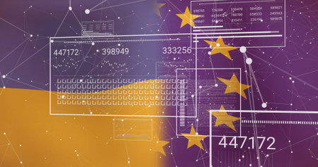 Displaying gold star icons on two-tone backdrop with wireframe panels, numeric readouts, copy space. Digital, futuristic, technology, data, connectivity, network, abstractの写真素材