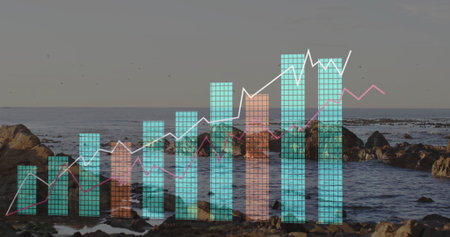 Translucent grid bars in teal-peach and line traces in white-pink occupying rocky coastal shore. Analytics, data visualization, charts, statistics, environmental, outdoorの写真素材