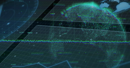 Point-cloud globe floating in dark interface, with grid lines, chart markers and panels, copy space....