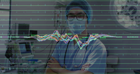 Standing doctor wearing scrubs and mask crossing arms in ICU, with stethoscope and ECG overlay....