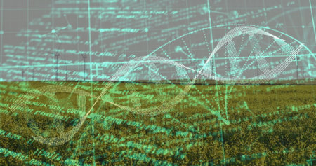 Displaying white dotted DNA helix overlaying yellow field at farm, with grid and green code overlay....