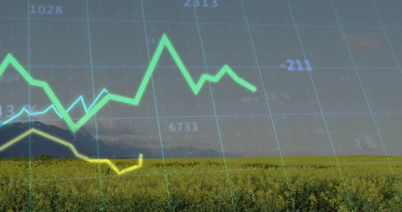 Displaying yellow crops stretching across farm field under mountains, with financial chart overlay....