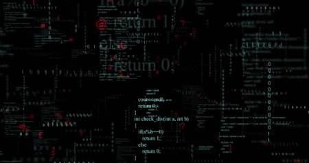 Showing C++ function snippet floating over dark console terminal, with binary digits coding theme....