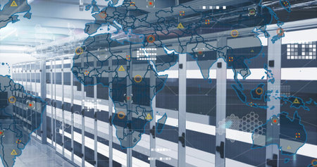Displaying data center corridor, with glowing server cabinets and floating digital overlays....