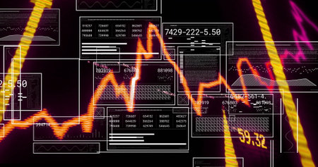 Glowing orange line graph zigzagging in UI with data panels, histograms, purple-yellow streaks....