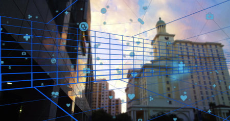 Projecting holographic grid planes hovering over city skyline at dusk, with floating medical icons....