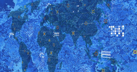 Displaying world map silhouette in digital environment, with connecting geometric data nodes. Technology, connectivity, networking, innovation, cyberspace, hexagon, data visualizationの写真素材