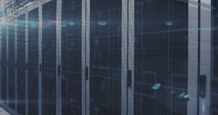 Revealing server cabinets housing blinking rack servers in data center, with futuristic overlay....