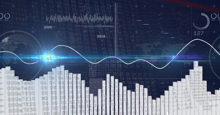 Showing data analytics interface on dark screen, with bar chart, line graph, binary code, world map. Futuristic, technology, visualization, interface, dashboard, digital, cyberの写真素材