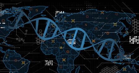 Displaying blue DNA double helix stretching across interface, with map outlines, neon data markers....