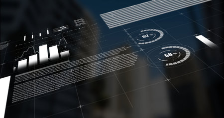 Showing futuristic HUD over highrise featuring bar and line graphs, progress indicators, text grid....
