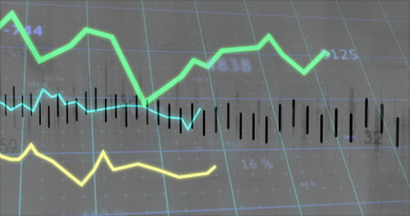 Displaying chart showing green, cyan, yellow line plots, black bars on dark grid lines, axis labels....