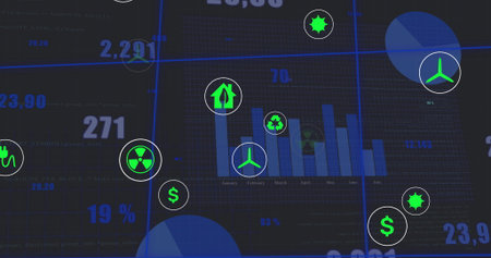 Energy finance dashboard showing on grid with bar chart, pie segments, eco finance icons, numbers....