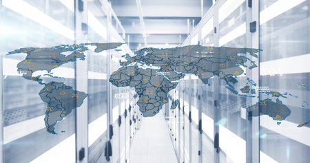 Displaying translucent world map scanning data center aisle, showing warning, data-transfer icons....