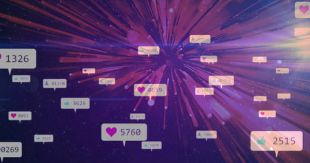 Showcasing callouts swirling in starfield with heart thumbs-up user icons and numeric counters. Fantasy, sci-fi, neon, immersive, technology, innovation, dynamicの写真素材