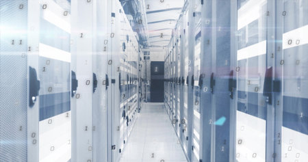 Highlighting server cabinets with mesh doors and LED panels in data center corridor, binary overlay....