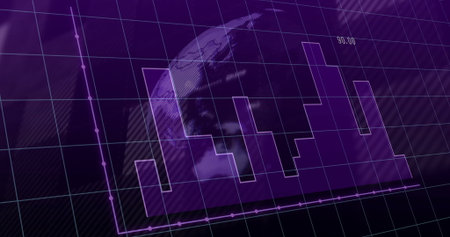 Displaying purple bar columns stretching across interface, with 3D earth globe, grid lines and axes. Futuristic, data, visualization, digital, analytics, technology, infographicの写真素材