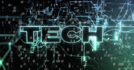 Illuminating neon text TECH featuring data-network, streaming binary code and glowing energy trails. Futuristic, digital, cyber, technology, abstract, neon, networkの写真素材
