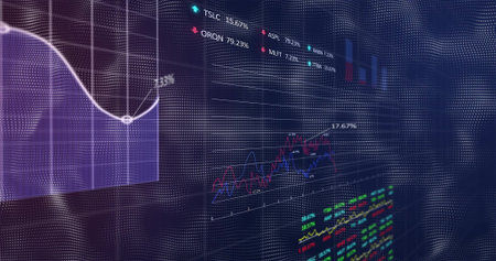 Displaying dashboard showing translucent charts on trading screen with ticker symbols, percentages....