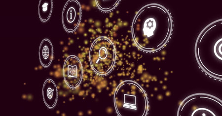 Search icon glowing in digital interface with golden particles and multiple circular icon graphics. Futuristic, immersive, technology, connectivity, innovation, virtual, dynamicの写真素材