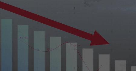 Showing bar chart, line graph, data points and down arrow on dashboard, with gridlines crosshairs. Analytics, data visualization, infographics, financial, corporate, digital, professionalの写真素材