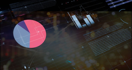 Displaying pink lavender pie chart covering left side of high-tech UI with HUD elements, copy space....