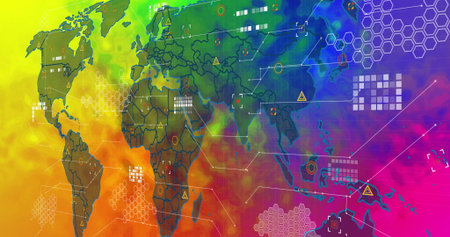 Showing world map overlaying analytics dashboard, with hex grids warning icons and connecting lines....